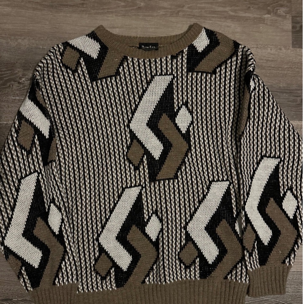 New Era Mens Sweater Geometric Pattern Knit Pullover Tan Black White L